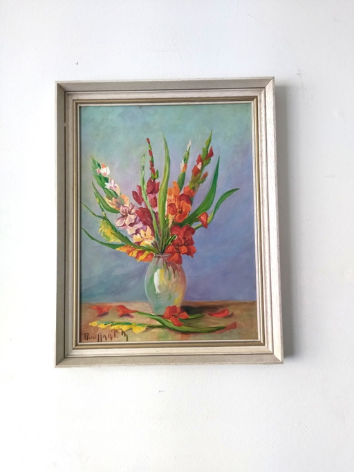 Dipinto ad olio su tavola - Natura morta con gladioli