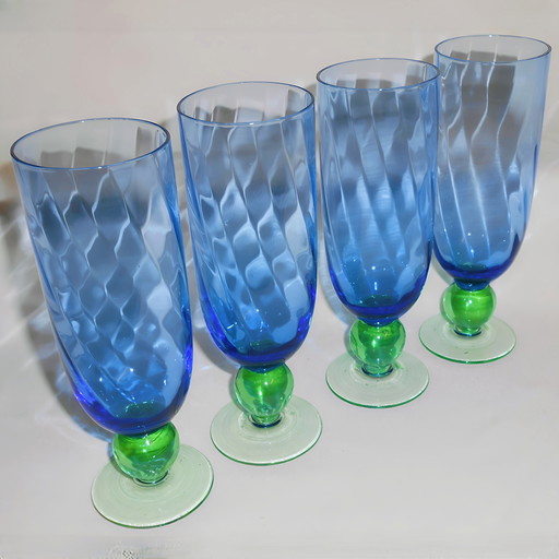 Unique Vintage Set of 4 blue hand-blown swirl champagne glasses with spherical green base