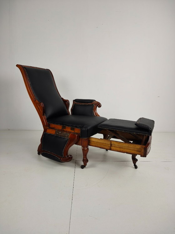Antiker Bibliotheksstuhl aus dem 19. Jahrhundert von Horrix – Schwarzes Leder – Verstellbarer relaxsessel (photo 11 of 19)