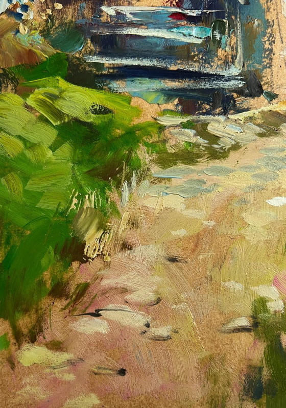 Image 1 of Origineel olieverfschilderij: Zomers straatlandschap, stadstuin in de zomer