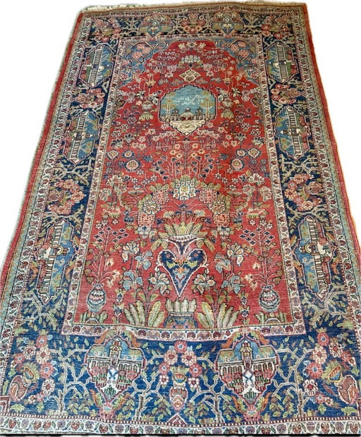 Alfombra persa Keshan 126 × 205 cm – Motivos de mezquita e inscripción persa, c. años 30/40