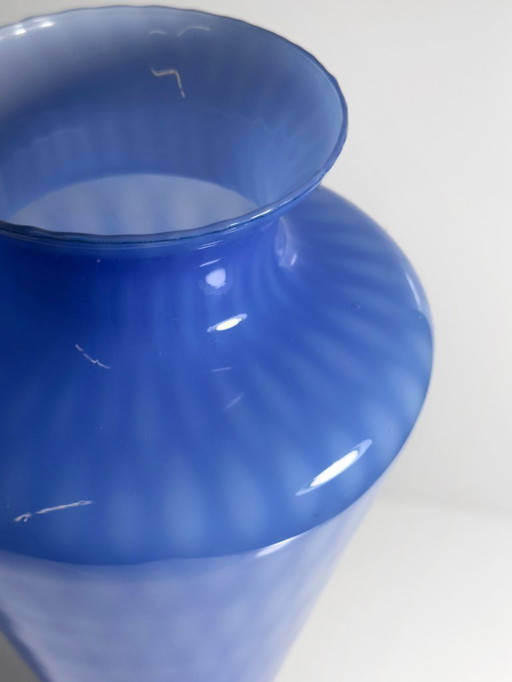 Large Murano vase, 1960s, cobalt blue, waffle technique, mid-century, milk glass, Opalina, Italy