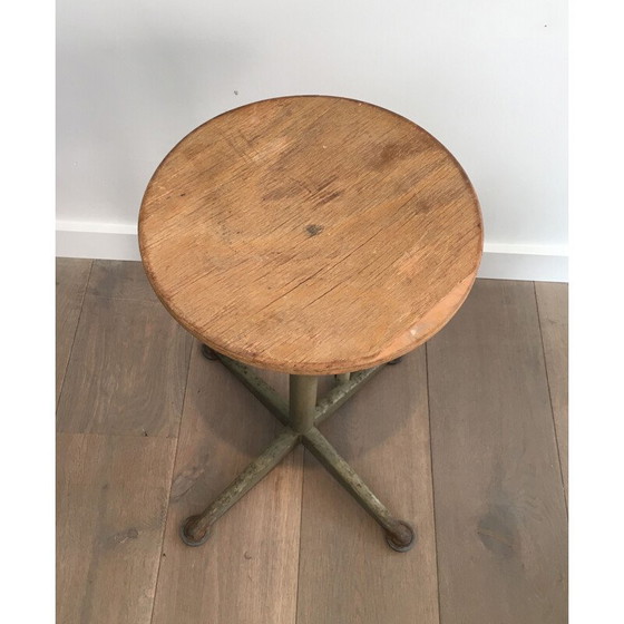 Image 1 of Vintage Industrial Stool in Steel and Wood, Height Adjustable, 1900s