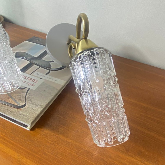 Image 1 of Coppia di applique a collo d'oca in ottone con paralumi a tulipano in vetro trasparente