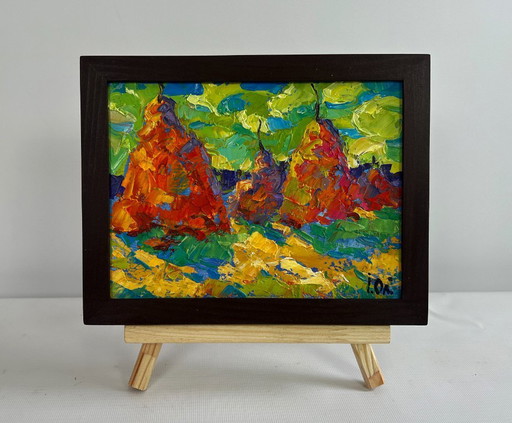 Original Oil Painting Summer Field Landscape Haystacks in the field