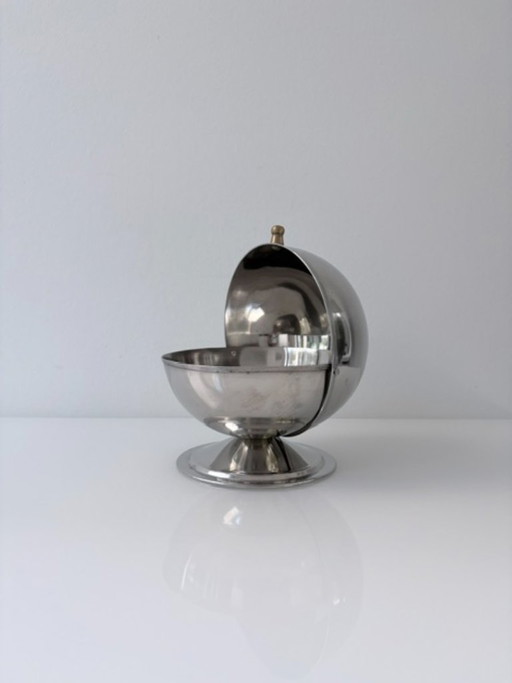 Vintage bolvormige RVS suikerpot met klapdeksel