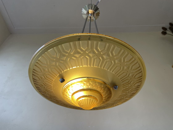 Image 1 of Lamp Schaallamp Art Deco Jaren 30 Amber Geel Verchroomd Frans