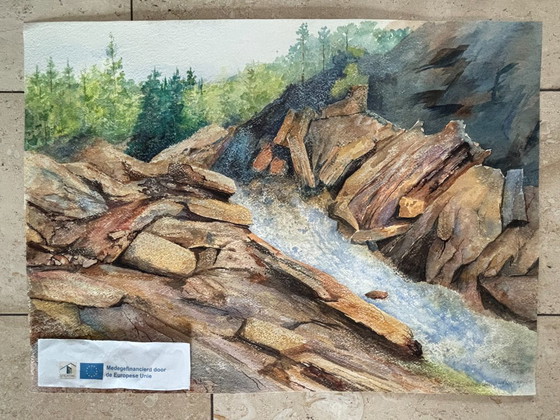 Image 1 of 10x landschappen, acryl op papier, niet ingelijst