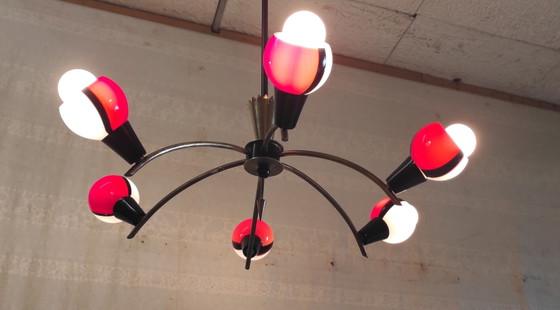 Image 1 of Lustre 6 feux stilnovo en laiton et nverre de murano - années 50