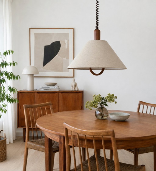 Domus hanglamp Denemarken, jaren 70 Scandinavisch design Teak – hanglampen, Wood, Textile (photo 2 of 7)