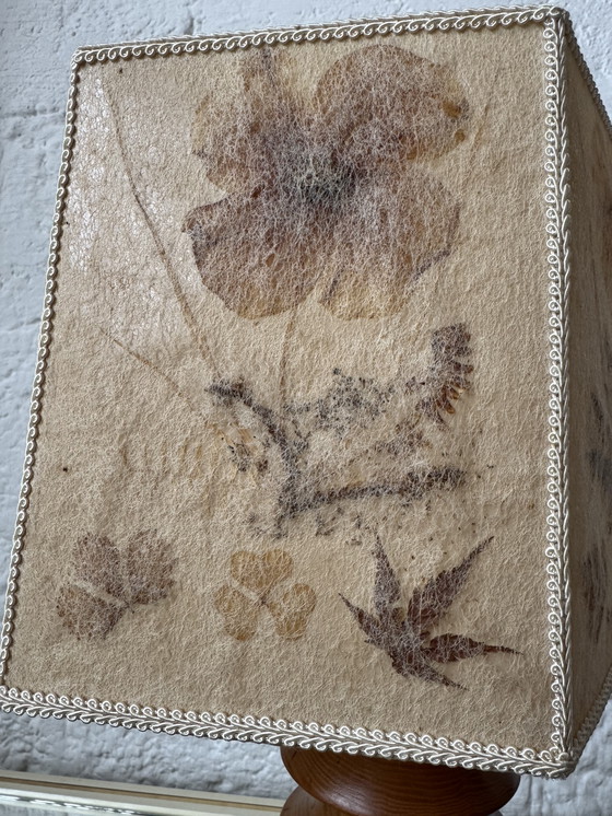 Image 1 of Gedrechselte Holzlampe mit Herbarium-Lampenschirm, 1970er Jahre