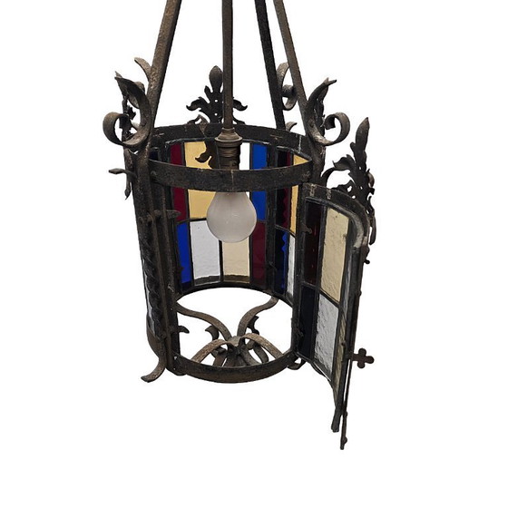 Image 1 of Farol de salón francés antiguo con vidrieras, finales del siglo XIX.