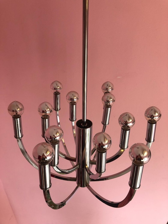 Image 1 of Suspension vintage chromée, 12 points lumineux.