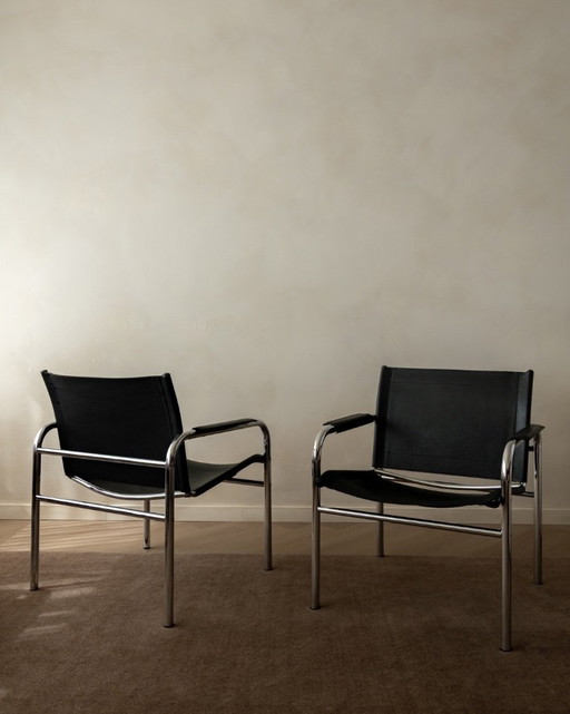 Vintage Bauhaus Klinte loungestoelen van chroom en zwart leer, ontworpen door Tord Björklund voor IKEA, jaren 80, set van 2.