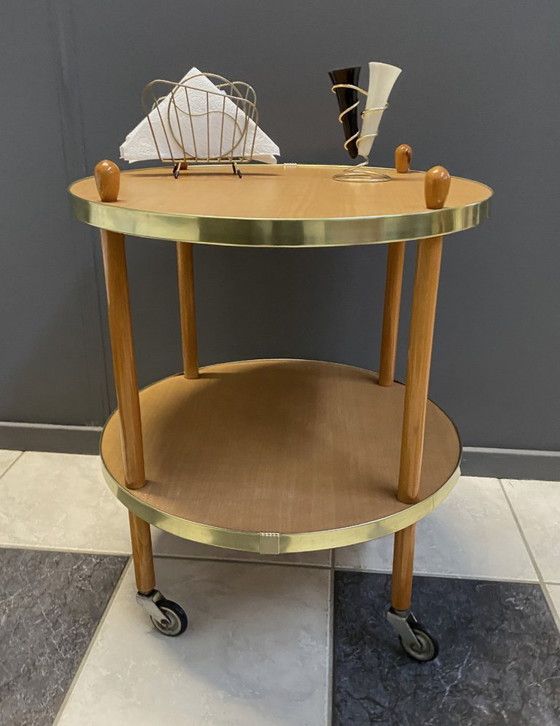 Image 1 of Wood Round Serving Trolley Side Table 1960s