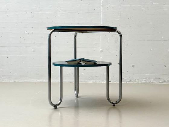 Image 1 of Bauhaus loop table with petrol-colored Resopal coating, 1960s