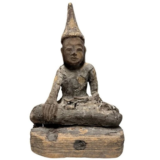 Estatua antigua de Buda Shan de madera – Birmania/Myanmar – Siglos XVIII/XIX – con antiguo sello de colección/exportación