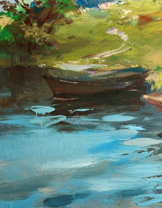 Image 1 of Original Oil Painting Summer Coastal Landscape The river carries village dreams