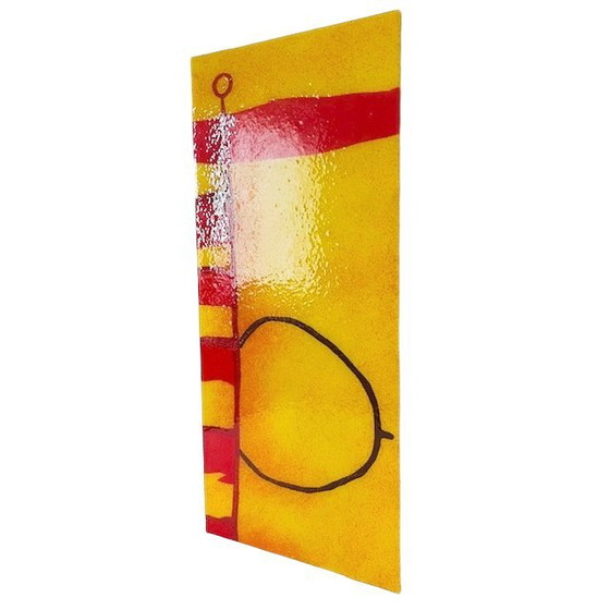 Image 1 of Vintage Ikea Gyllen Gotö wall lamp glass panel yellow and red abstract art 1990s
