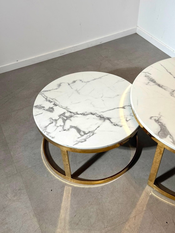 Set of Two Round Marble Look Coffee Tables – Wood (photo 2 of 4)