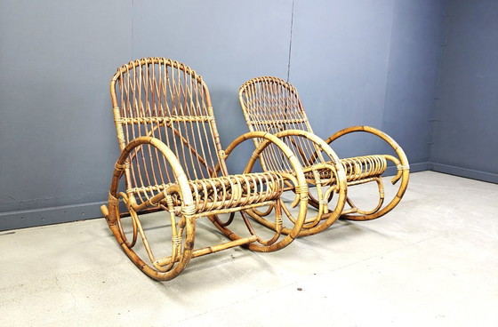 Image 1 of Sedie a dondolo vintage in bambù, anni '60 - set di 2