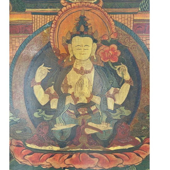 Antike Avalokiteshvara Thangka auf Holztafel - 19. Jahrhundert – Gemälde & Zeichnungen (photo 3 of 9)
