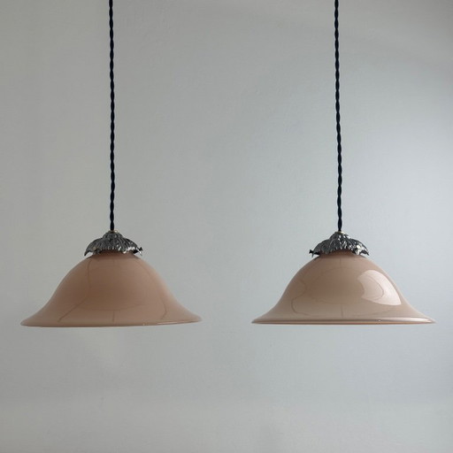 COPPIA DI LAMPADE A SOSPENSIONE CONICHE ROSA OPALINE VINTAGE – hanglampen, Glass