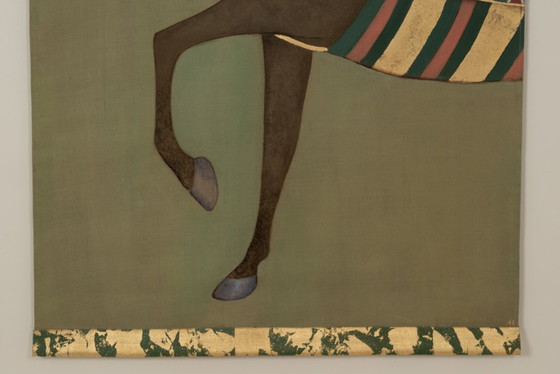 Image 1 of Painted canvas depicting a brown-coated Indian horse in profile. Contemporary.