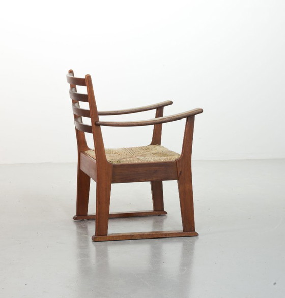 Image 1 of Very Rare Single Bas van Pelt Brutalist Oak Armchair with Woven Rush Seat for My Home. The Netherlands, 1940s.