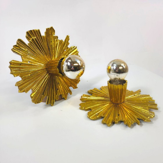 Image 1 of Set di due bellissime lampade solari placcate in oro degli anni '40/'50, lampade da parete di metà secolo