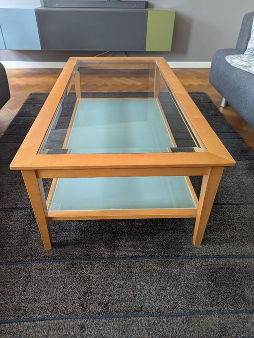 Vintage coffee table by Mobilia - Wooden frame with faceted glass and frosted glass bottom shelf.