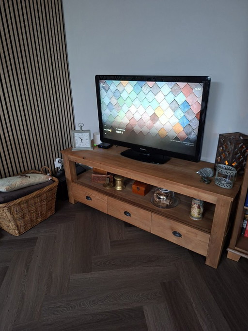 Robuust houten tv-meubel met drie laden – tv meubelen, Wood, Metal