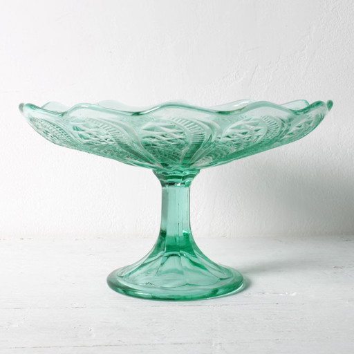 Mid-Century Pressglas-Schale auf Fuß / Vintage Georgia Green Obstschale / Ukraine / 1950er