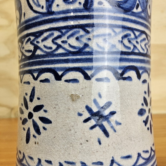 Image 1 of Vintage Ceramic Moroccan Fassi motif vase blue / white (FES) cobalt blue / copper rims