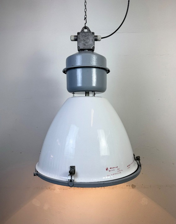 Image 1 of Große weiße Emaille-Industrielampe mit Klarglasabdeckung von Elektrosvit