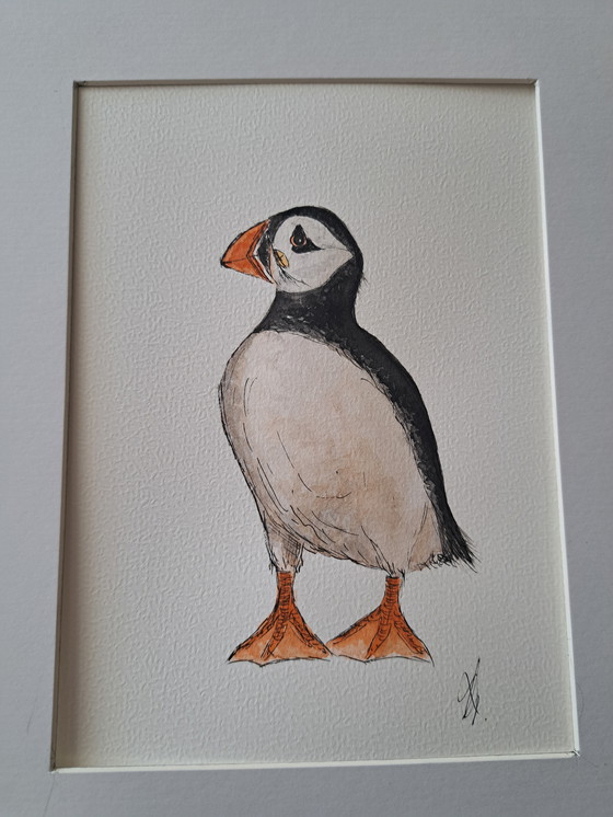 Image 1 of Watercolor painting puffin, original in frame