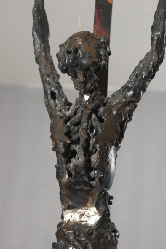 Image 1 of Brutalized crucifixion sculpture in welded iron, bronze, and copper, 1970s, signed