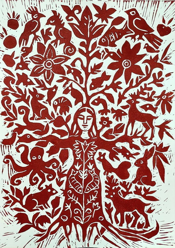 Image 1 of Linosnede van een boomvrouw: Botanische natuurkunst, A3, gelimiteerde oplage.