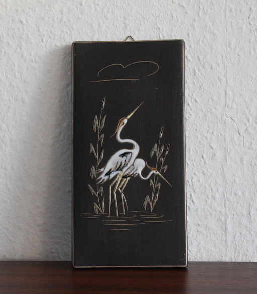 Tableau mural en céramique Ruscha, 2 grues dans des roseaux, fait main, signé au dos, années 1960