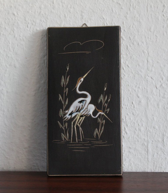 Image 1 of Tableau mural en céramique Ruscha, 2 grues dans des roseaux, fait main, signé au dos, années 1960
