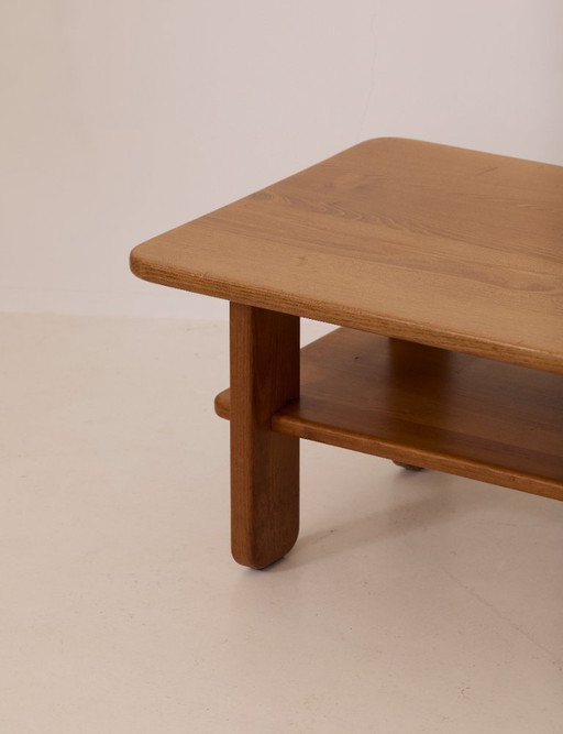 Solid elm coffee table by Alain Gaubert, vintage, circa 1980