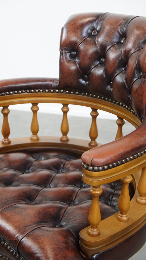 Image 1 of Brown height adjustable cowhide leather and wood chesterfield office chair on wheels