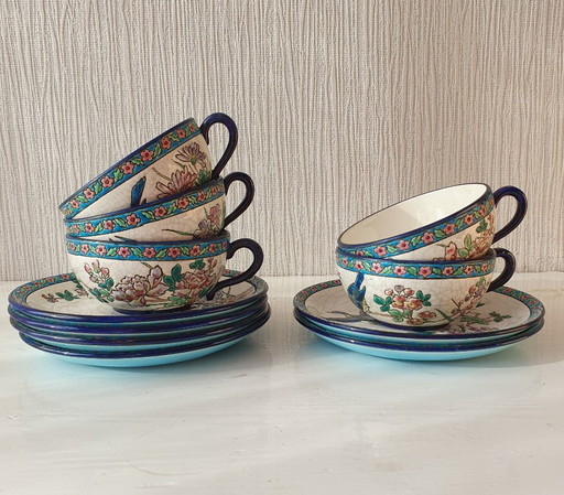 Set 5 Antieke Longwy Kop & Schotels–ca 1930–Perfecte Staat! – decoratieve objecten, Ceramic