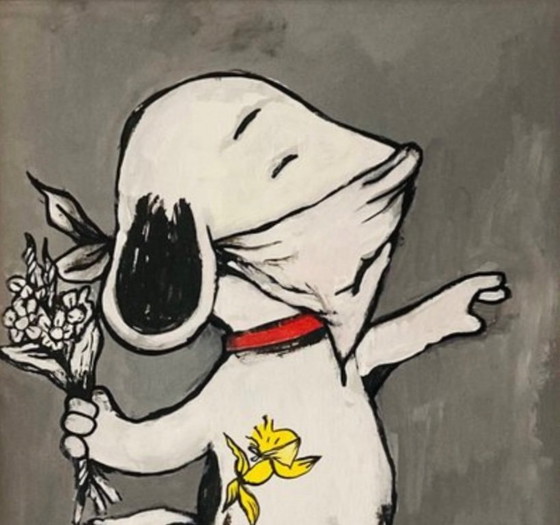 Image 1 of Miggie : "Nous voulons tous être un Banksy, par Snoopy". Peinture unique et signée à la main, avec COA. Cadre inclus.