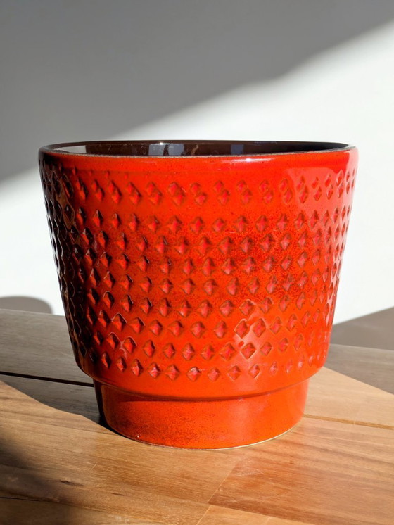 Image 1 of Large Vintage West German Pottery Planter, Bright Red Mid-Century Flower Pot, Strawberry Texture