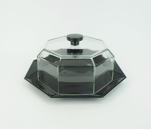 80s arcoroc octime black cake plate with cloche or cheese dome black glass and clear glass