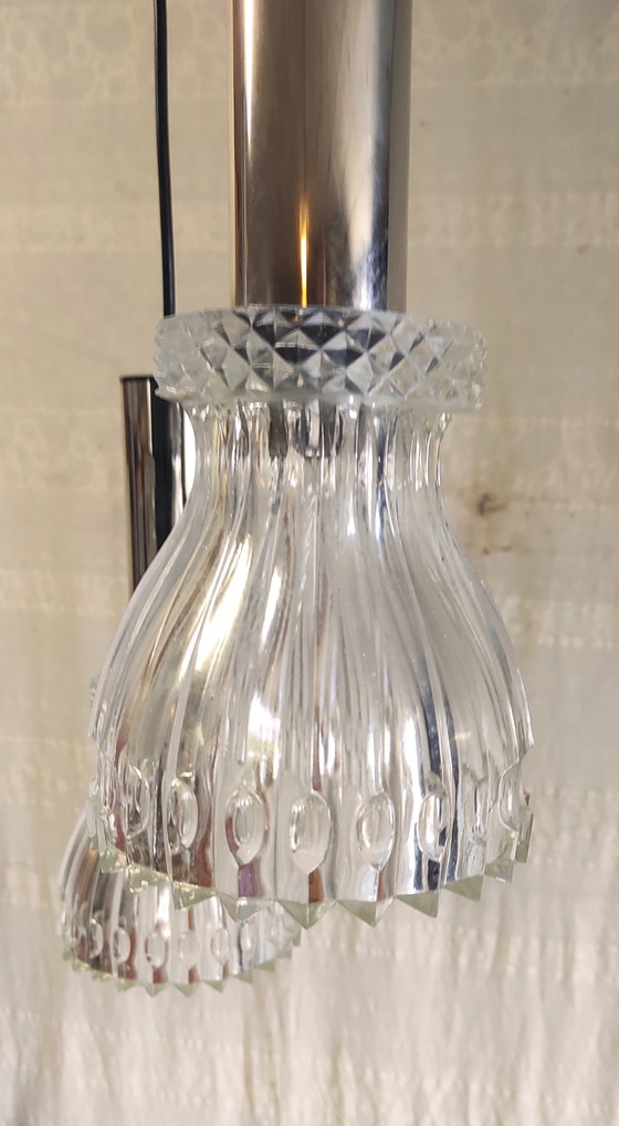Image 1 of Three-light cascading pendant light in chromed metal and crystal - mid-20th century