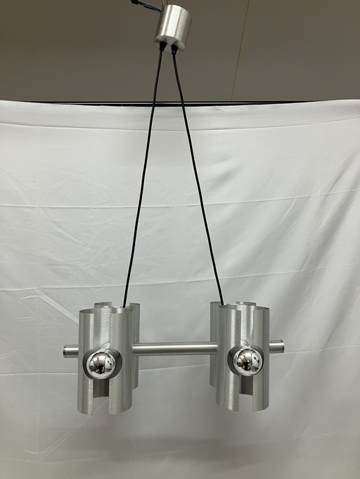 Vintage space age hanglamp, Polam, geborsteld aluminium
