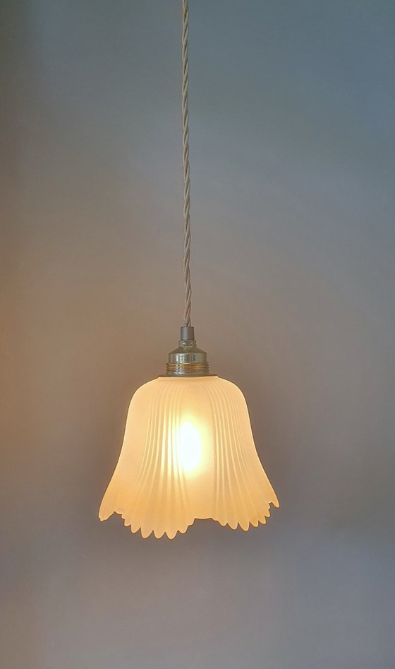 Image 1 of Lampe suspendue florale vintage en verre dépoli des années 1940-50.