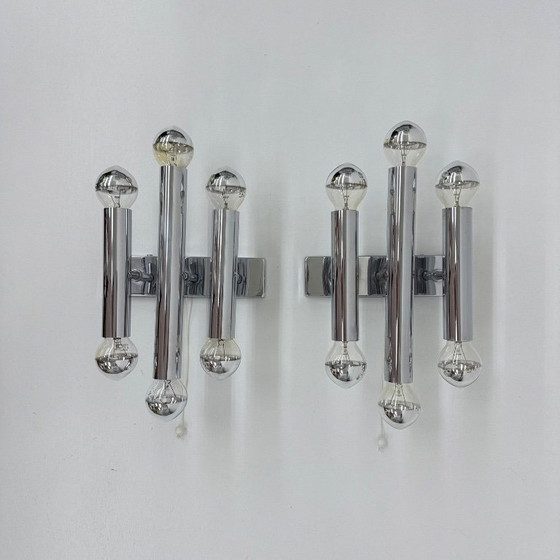 Image 1 of Paar Gaetano Sciolari Wandlampen Leuchter Chrom Rohr , 1970er Jahre